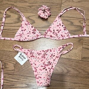 Kulani Kinis Pink Floral Triangle Bikini Set with Scrunchie